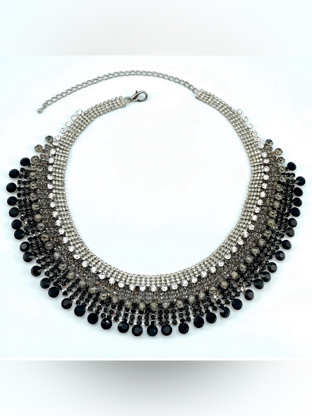 Crystal Statement Silver Rhinestone Black Bead Fringe Bib Necklace